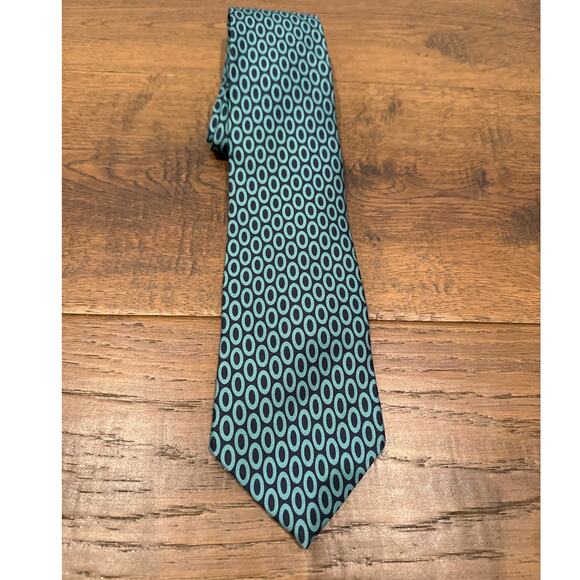 J. Crew 100% Silk Geometric Circle Pointed Neck Tie Teal Green Navy Abstract - Picture 1 of 5